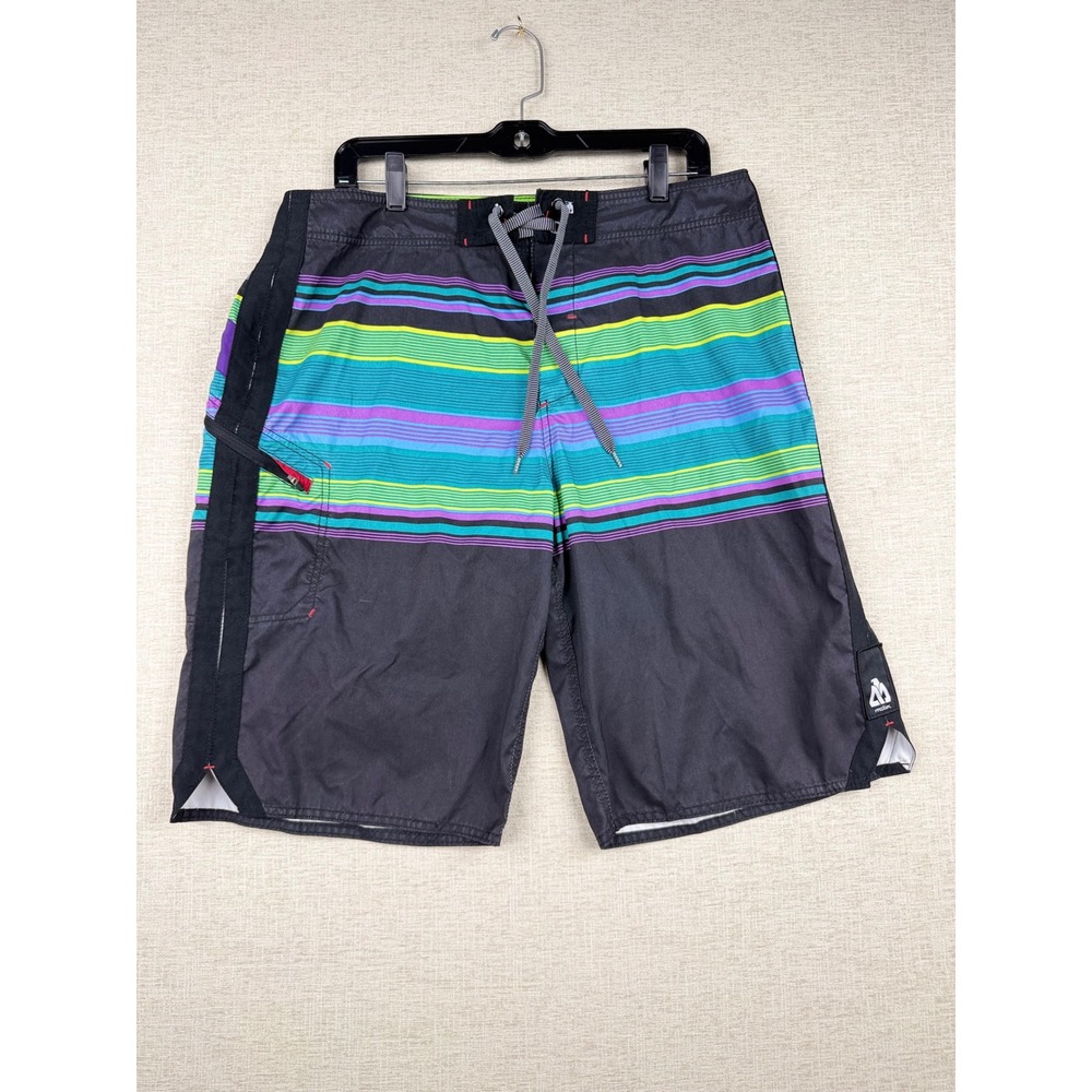 Matix Mens Y2K 2000's Board Shorts Black Multi Striped Trunks Size 34 Pockets